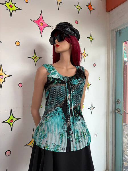 Pastel Turquoise Pleated Ruffled Floral Blouse Whimsy Fairy Soft Grunge Top L