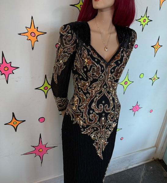 80s Black & Gold Beaded Silk Gown Fringe High Slit Old Money Mob Wife Glam S