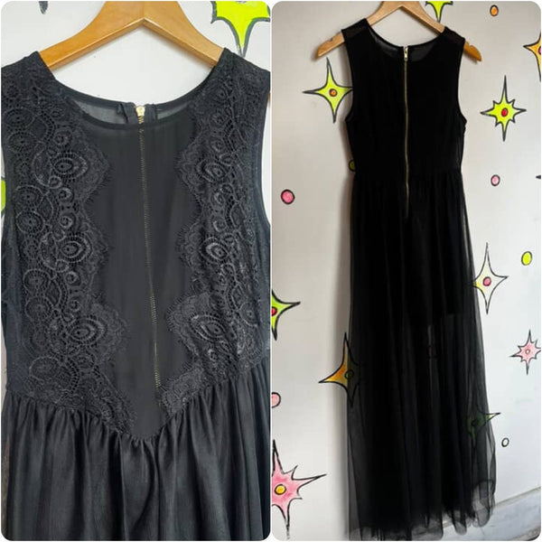 Vintage 90s Y2K | Black Lace Sheer Whimsy Goth Fairy Grunge Maxi Dress | Small
