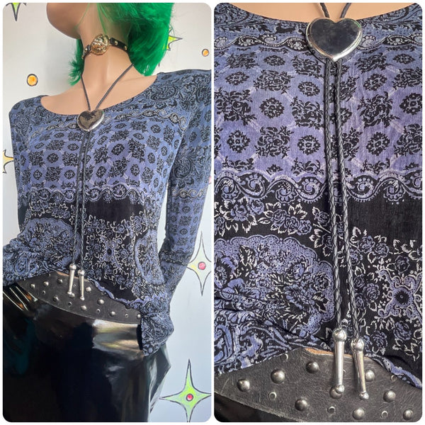 90s Paisley Long Sleeve Top Slinky Stretchy Whimsigoth Pirate Fairy Grunge L