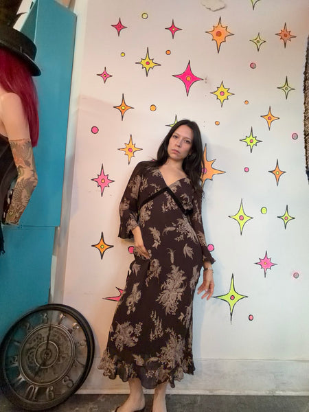Vintage 90s Black Witchy Boho Gauzy Fairy Grunge Maxi Dress w Side Slit – Size S