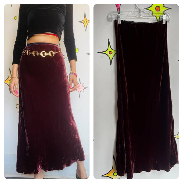Vintage 90s | Burgundy Velvet Fairy Grunge Whimsy Goth Flowy Maxi Skirt | Small