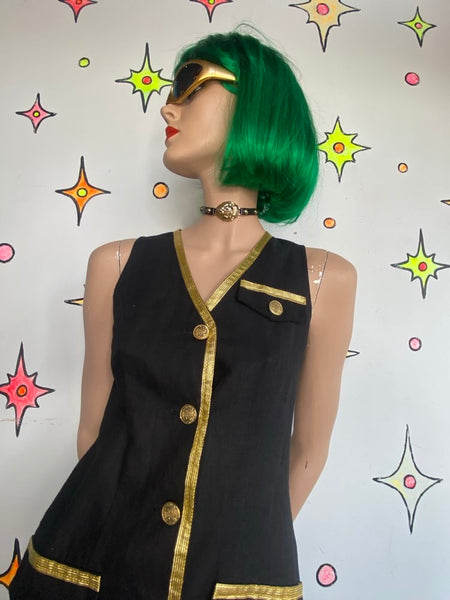 80s Vintage Versace Style Black & Gold Blazer Dress Office Siren Glam Midi - S