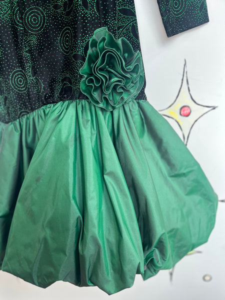 Vintage 80s Green & Black Glitter Prom Dress Poofy Bubble Hem Party Gown Size 4