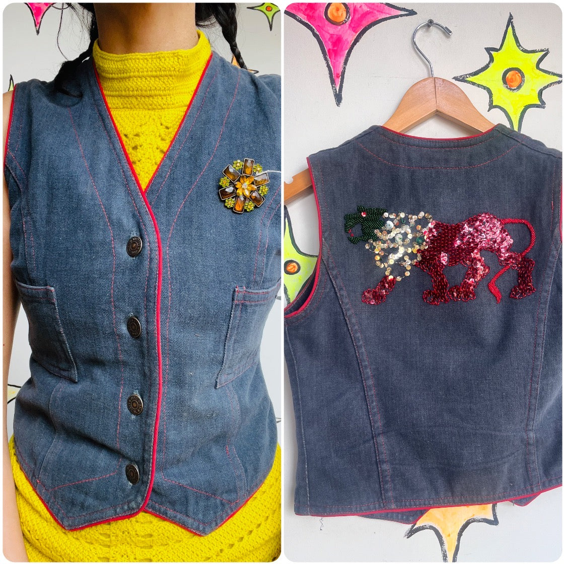 Vintage 60s 70s | Vintage Cropped Western Boho Fittled Beaded Denim Vest | S