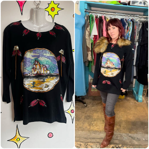 Vintage 1980s | Oversized Black Embellished Punk Western Boho T Shirt | Size S