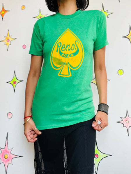 Vintage 70s 80s Reno's ACES Green Team Tee - Single Stitch - Small - Retro