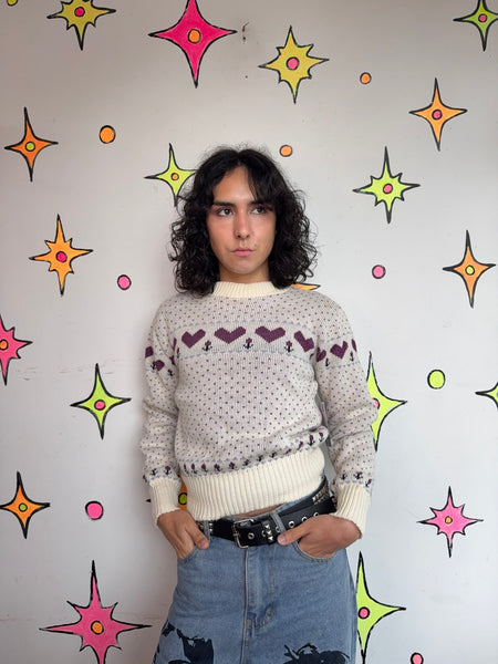 Vintage 80s Heart Sweater Romantic Retro Knit Cute Valentine Coquette Sweater SM