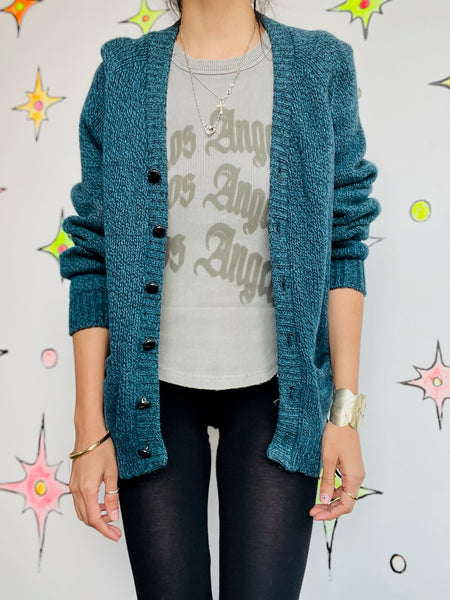 Blue 1950s Wool Cardigan | University Row by Revere 100% Shetland Vintage Knit L