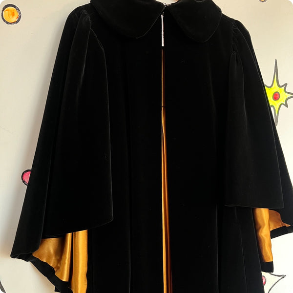 Vintage Antique? Rococo Cloak | Black Velvet Cape Lined in Gold Satin | OS