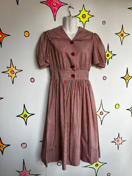 Vintage 1940s Striped Nautical Sailor Costume Dress Handmade Pinup Seaside 6 - 8