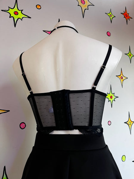 90s Black Lace Cropped Cami - Lingerie Babydoll Bustier Top - Grunge Goth - S