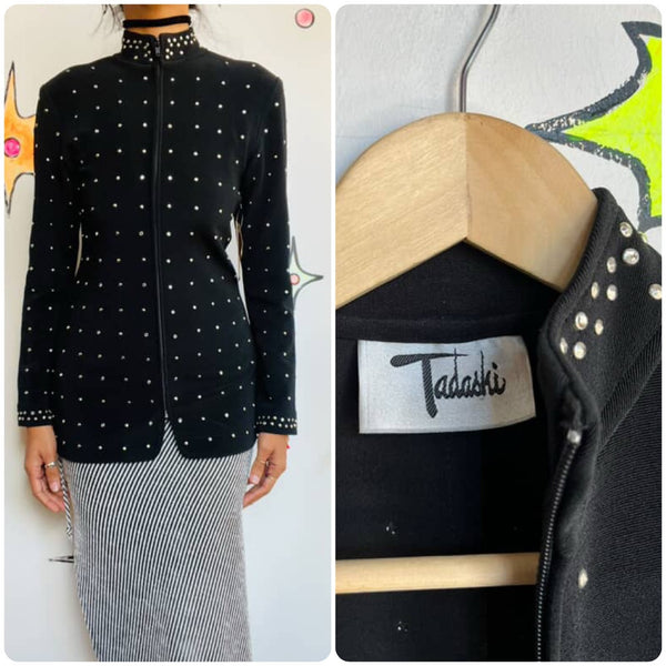Vintage 80s/90s Tadashi Shoji Black Studded Zip-Up Blazer | Jacket | Size S/M