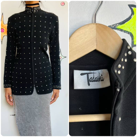 Vintage 80s/90s Tadashi Shoji Black Studded Zip-Up Blazer | Jacket | Size S/M
