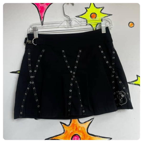 Y2K Black Goth Studded Bondage Pleated Mini Skort – Edgy Punk Grunge – S