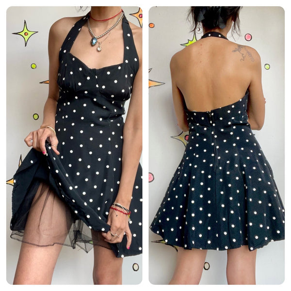 Vintage 80s does 40s 50s Black & White Polka Dot Mini Halter Crinoline Dress 7 8