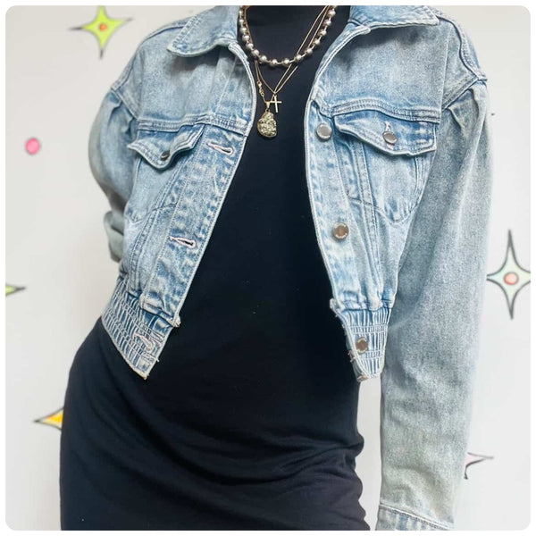 Y2K Cropped Retro 80s Style Acid Wash Denim Jacket | XS