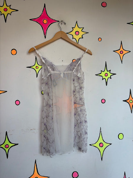 90s Y2K Fairy Grunge White Sheer Slip w/ Purple Embroidery | S/M