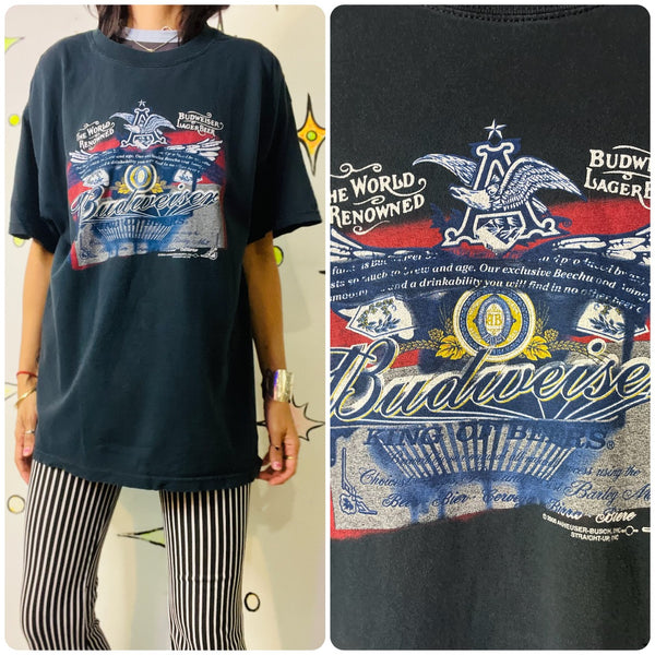 Vintage 90s Budweiser Grunge Novelty Graphic T-Shirt Black Retro Beer Tee | L