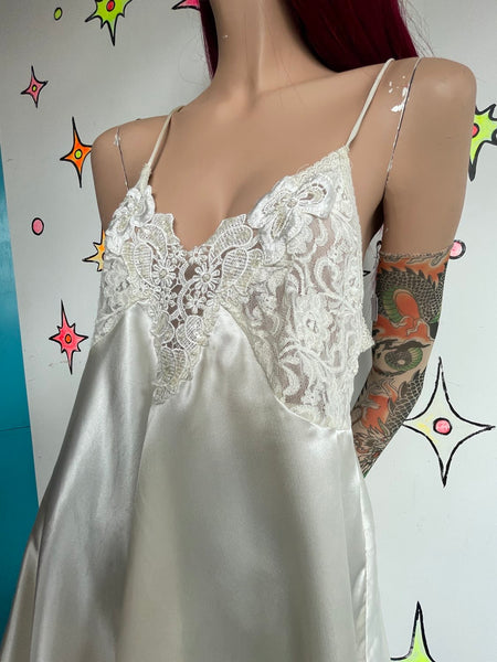 Ivory Satin & Lace Beaded Slip Dress Romantic Fairy Whimsy Grunge Mori Kei M