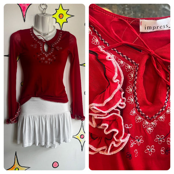 Vintage Y2K | Red Grunge Fairy Lettuce Hem Top Blouse | Small