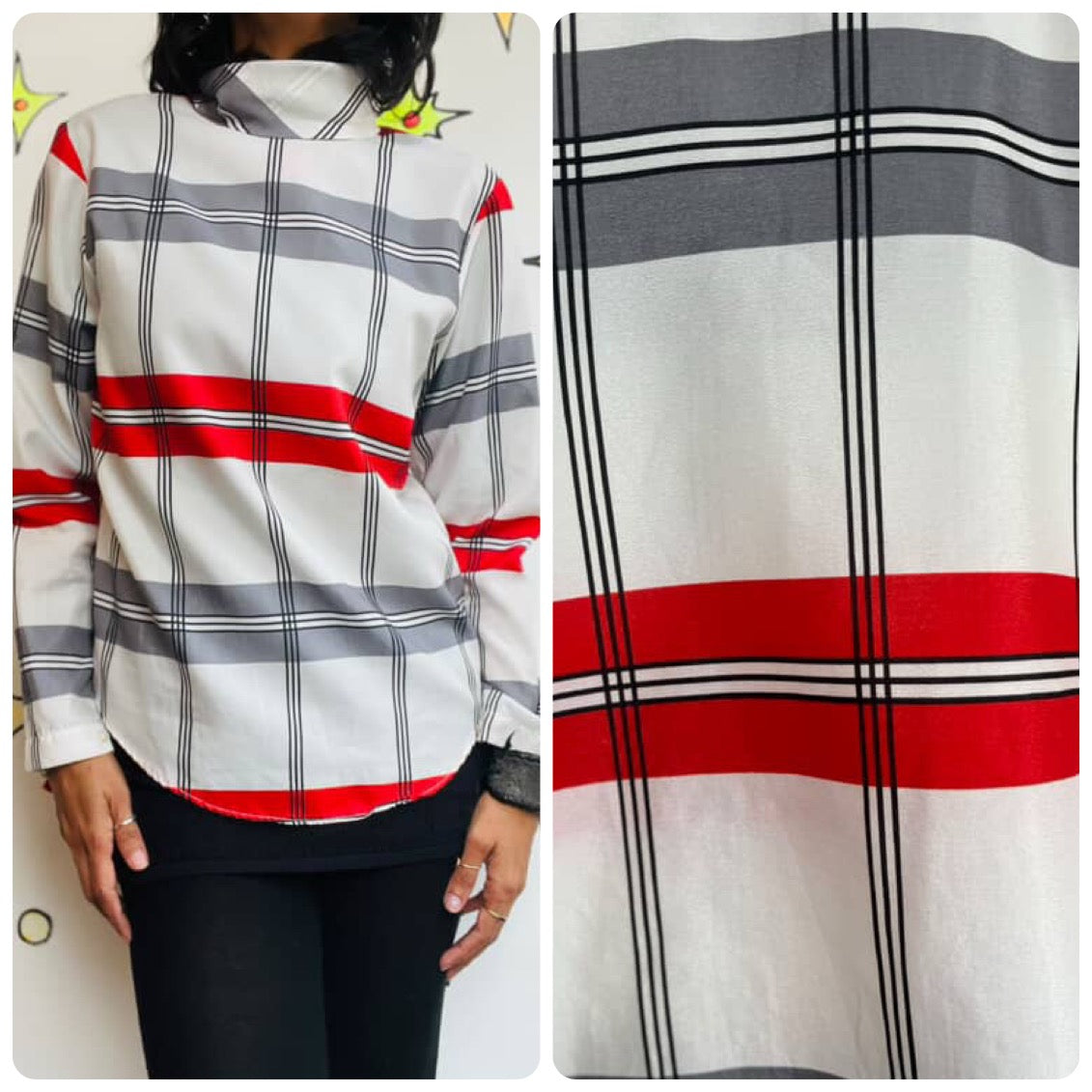 Vintage 70s 80s White & Red Plaid Secretary Blouse - Retro Statement Top - S M