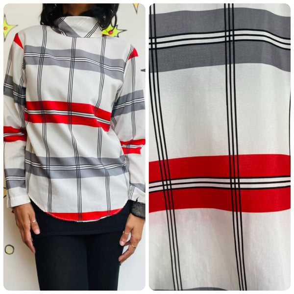 Vintage 70s 80s White & Red Plaid Secretary Blouse - Retro Statement Top - S M