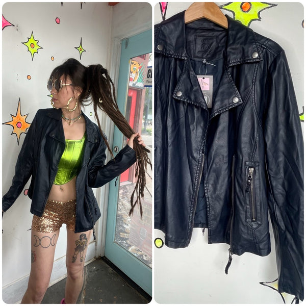 Vintage Y2K Navy Vegan Leather Moto Jacket Glam Grunge Rocker - M