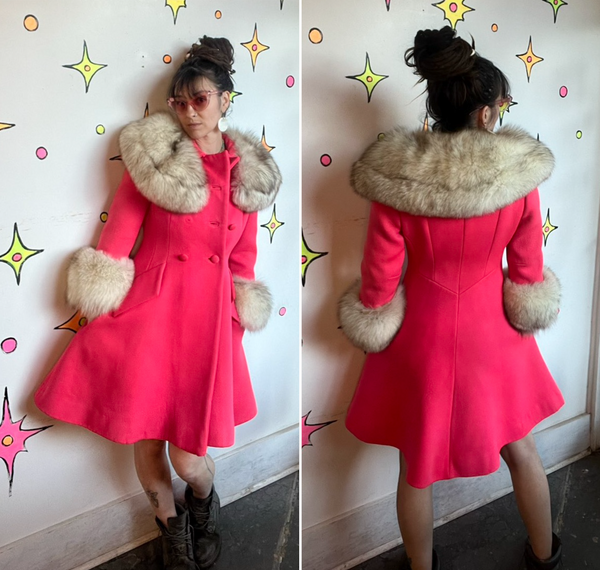 Vintage 60s Lilli Ann Pink Fur Trim Old Hollywood Glam Princess Swing Coat S