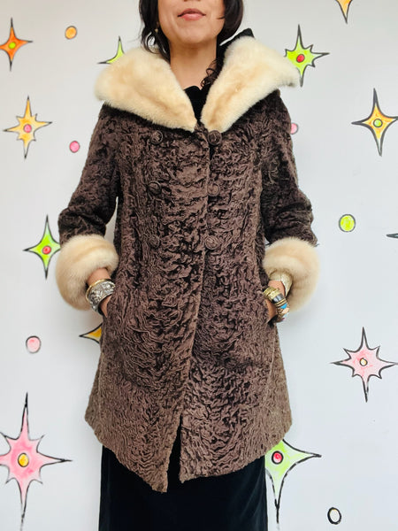 Vintage 40s 50s Persian Lambswool Fur Coat Mink Collar & Cuffs Luxury Penny Lane