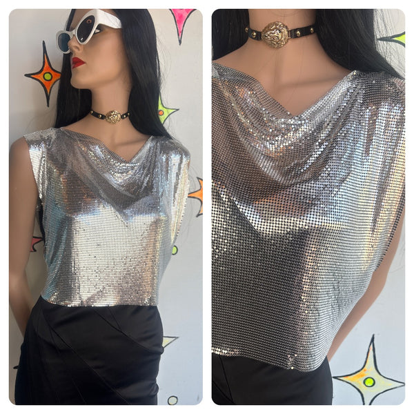 Vintage Y2K Silver Chainmail Disco Top Metallic Mesh Clubwear Party Statement Top