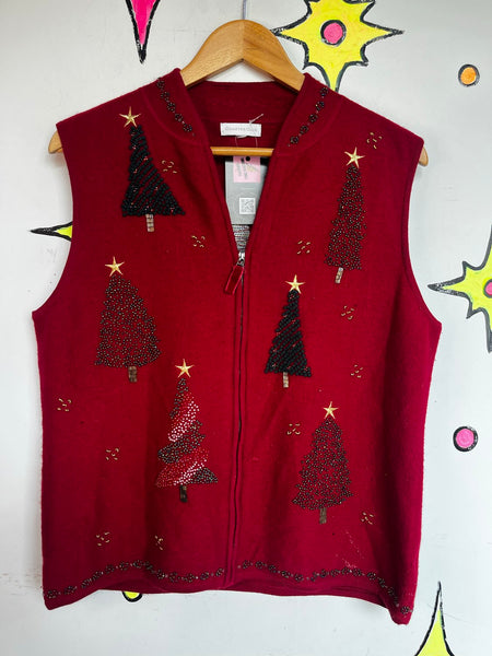 Red Ugly Christmas Sweater Vest Zip Front Tacky Holiday Party Festive Knit M/L
