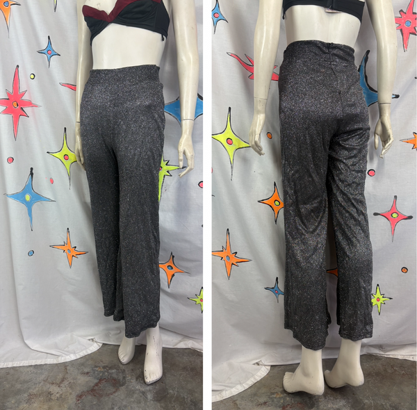 Retro 90s does 70s Silver Glitter Disco Pants High Rise Stretch Flares S