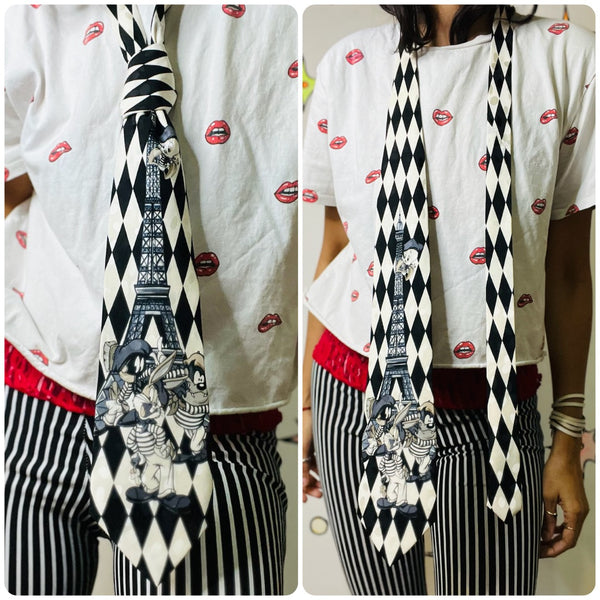 Vintage 90s Looney Tunes Paris Silk Tie – Black & White Harlequin Print Necktie