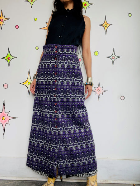 70s Purple & Silver Geometric Print Maxi Skirt Groovy Polyester Retro Boho M