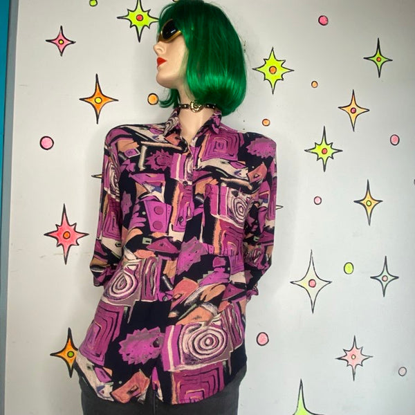 Vintage 90s Abstract Wearable Art Purple Grunge Retro Blouse - Small