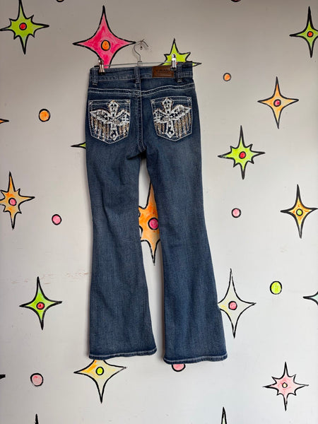 Y2K Low Rise McBling Rhinestone Embellished 2000s Glam Baddie Denim Flares S