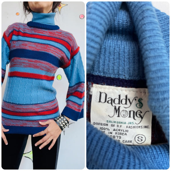 Vintage 70s Blue Turtleneck Striped Pullover Sweater Chunky Grunge Boho Retro S