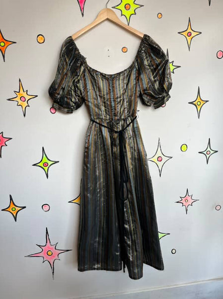 Vintage 80s Silver & Gold Poofy Princess Party Glam Prom Dress w Velvet Belt – S