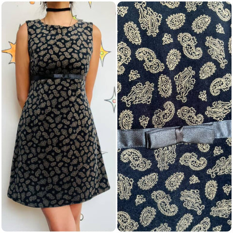 Vintage 90s Does 60s Paisley Velvet Mini Dress - Mod Boho Grunge Party Dress - S/M