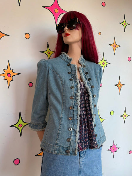 Y2K Denim Military Jacket Soft Grunge Ruffled Utility Blazer Fairy Coquette S