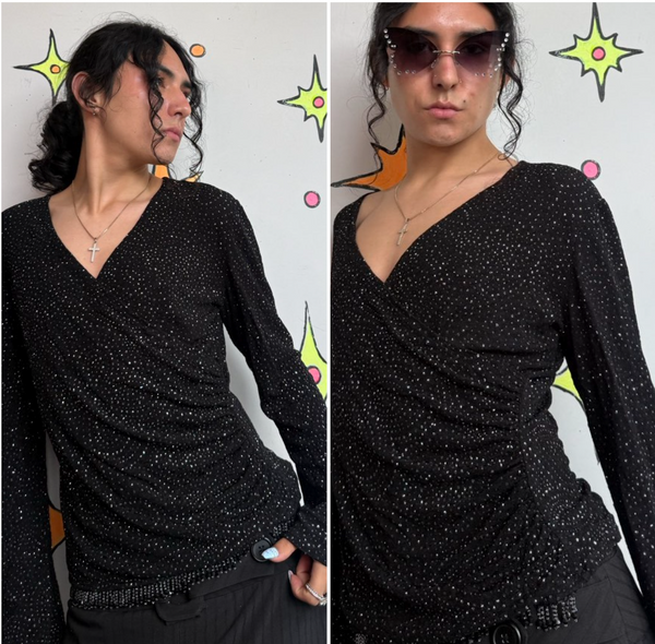 90s Black Sparkle Top Beaded Fringe Witchy Goth Glitter Stretch Wrap Blouse M