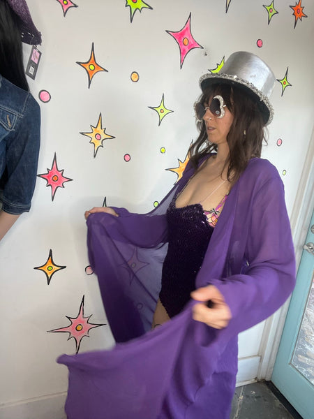 Vintage Purple Chiffon Kimono Robe Vamp Goth Boudoir Lingerie Layering Robe XL+