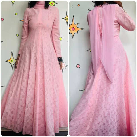 Vintage 60s-70s Pink Boho Maxi Dress Edwardian Revival Cottagecore Princess - S
