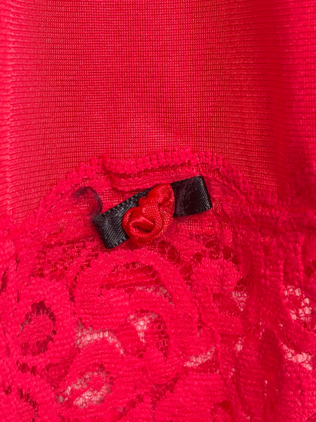 Vintage Crimson Red Nylon Lace-Trim Half Slip w Side Slit Fairy Goth Babydoll ML