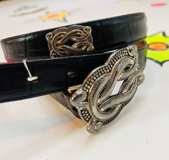 Vintage 90s Black Leather Western Belt - Silver Buckle & Embellishments - Size L
