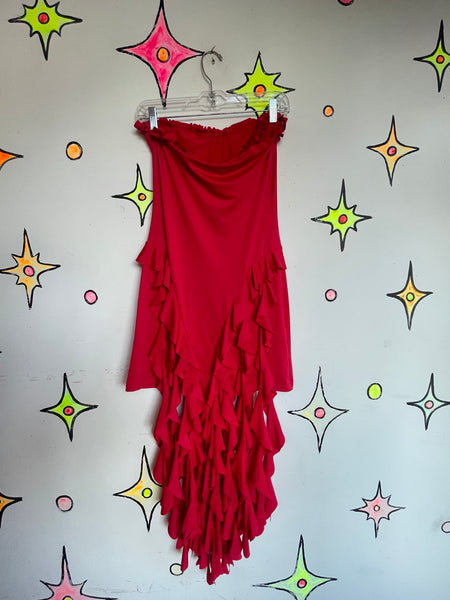 Cherry Red Frilly Asymmetrical Handkerchief Hem Dress Siren Glam Fairycore S
