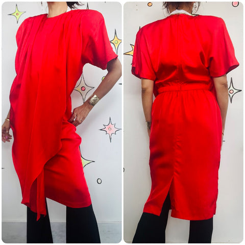 Vintage 80s Red Silk Sculptural Art Power Boss Dress | Shoulder Pad Cocktail | 8