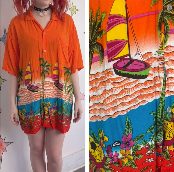 Vintage 90s Hawaiian Tiki Aloha Orange Button Up Party Shirt XL+