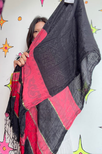 Black Red Gauzy Scarf Wrap Whimsy Goth Grunge Witchy Boho Layering Shawl